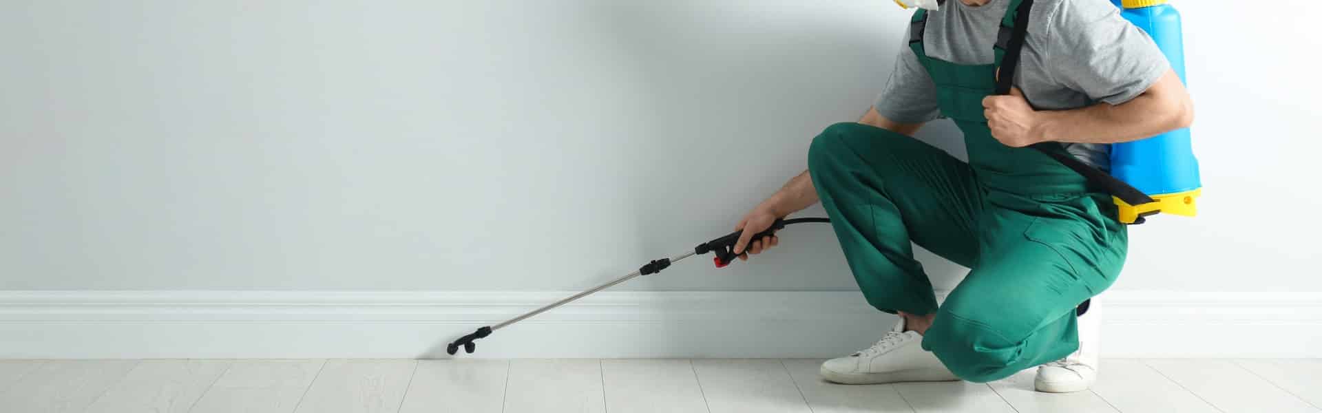 Pest control worker in uniform spraying pesticide indoors. Space